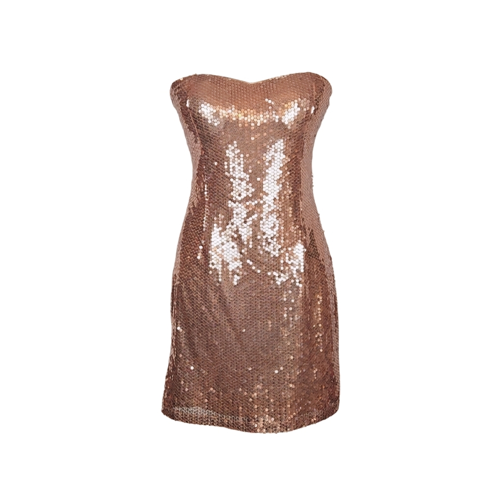 Metallic Strapless Dress in Rose Gold Sequin Sweetheart Fully Lined Party Dress